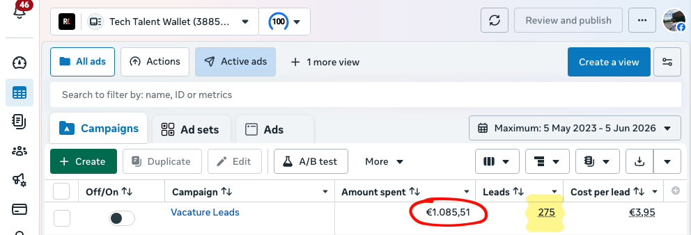 Schermafdruk uit Meta Ads Manager van de Tech Talent-recruitmentcampagne met 275 sollicitanten à €3,95